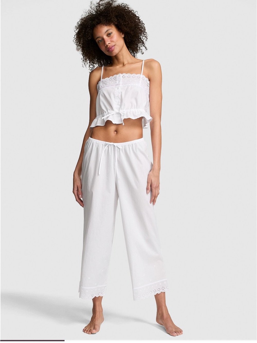 Frankie’s Bikinis White Cotton Eyelet-Trim Camisole & Pants
